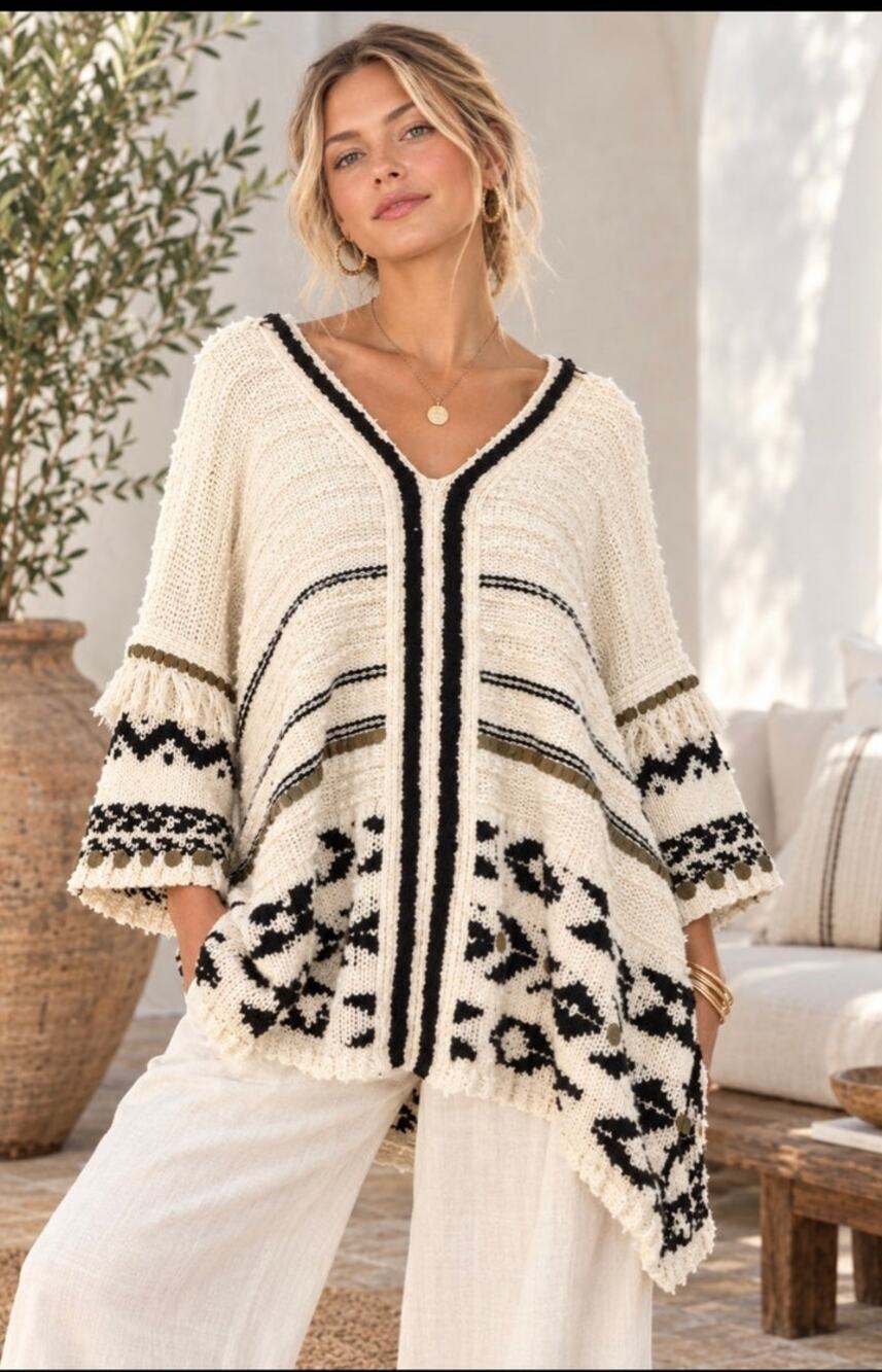 NWOT Anthropologie ‘Margot’ fringed coin oversized bohemian poncho sweater